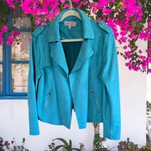 Lovely PHILOSOPHY Moto Faux Suede Blazer Jacket in Eye Catching Aqua Turquoise